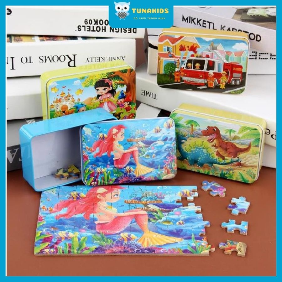 Tranh ghép hình cho bé, bộ đồ chơi xếp hình cho bé bằng gỗ puzzle nhiều chủ đề thông minh hộp sắt Tunakids