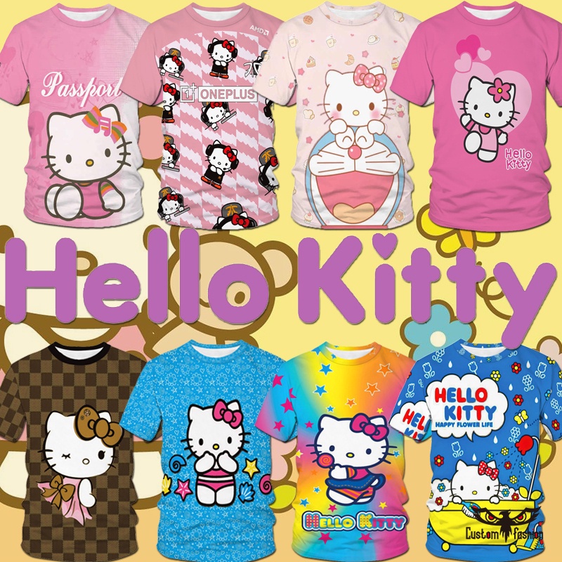 Áo thun tay ngắn cổ tròn họa tiết hello kitty 3d thời trang trẻ trung cho nam nữ