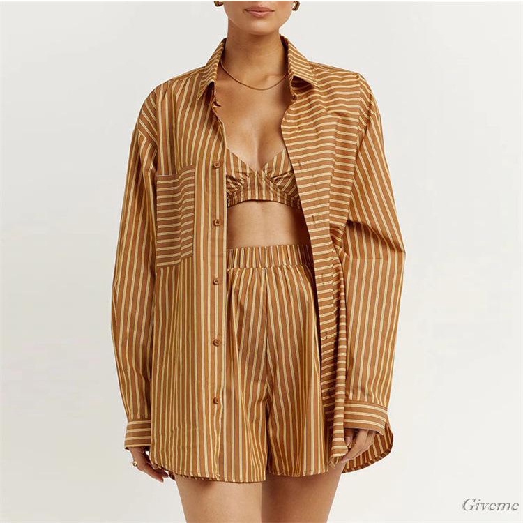 Set Đồ 3 Món Gồm Áo Hai Dây Màu Trơn/Áo Ngực/Quần Short Lưng Thun Cho Nữ