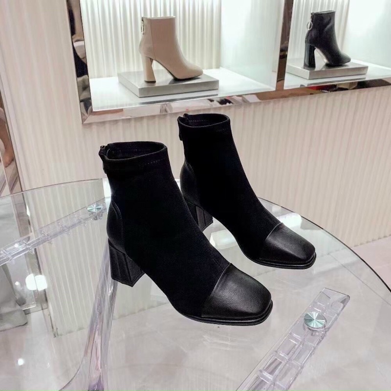 Boot lửng da lộn  mũi da gót vuông cao cấp