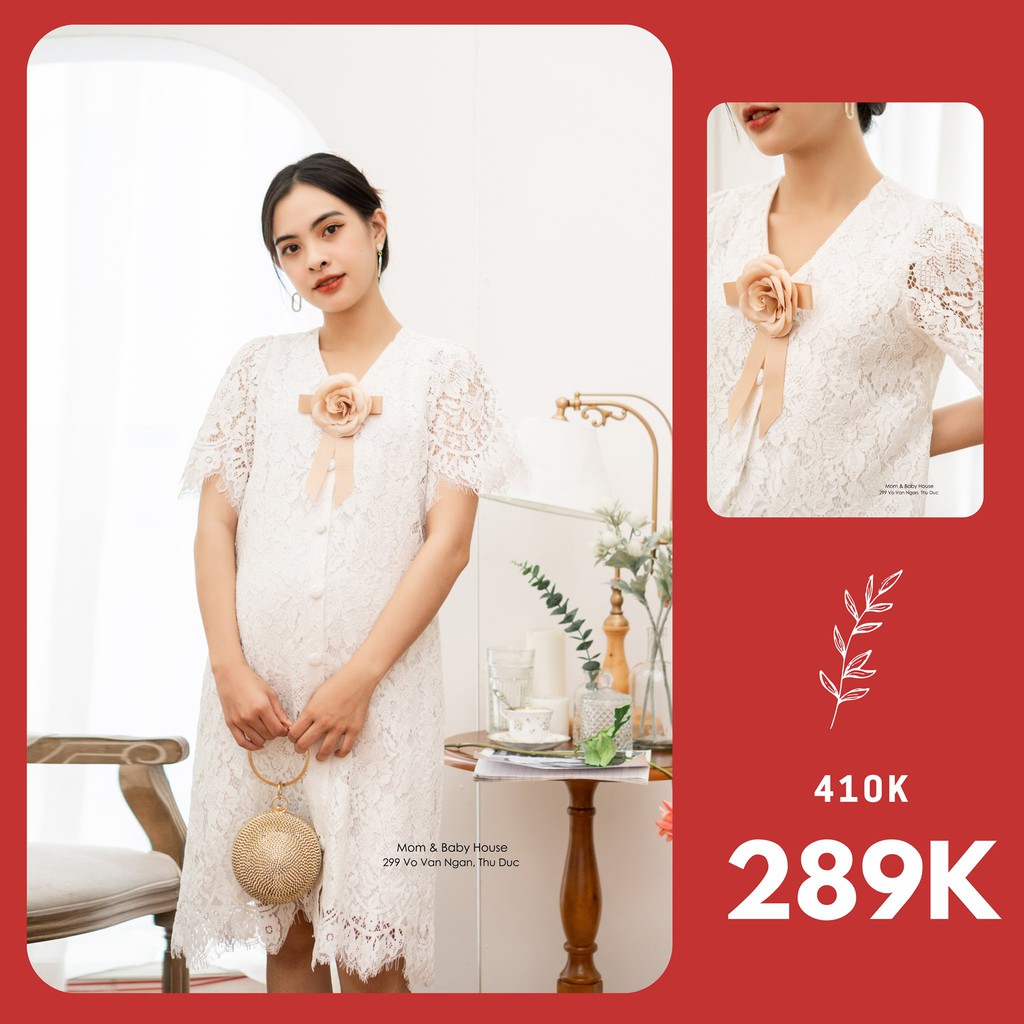 Đầm bầu ren trắng gài nút tặng kèm hoa cài
