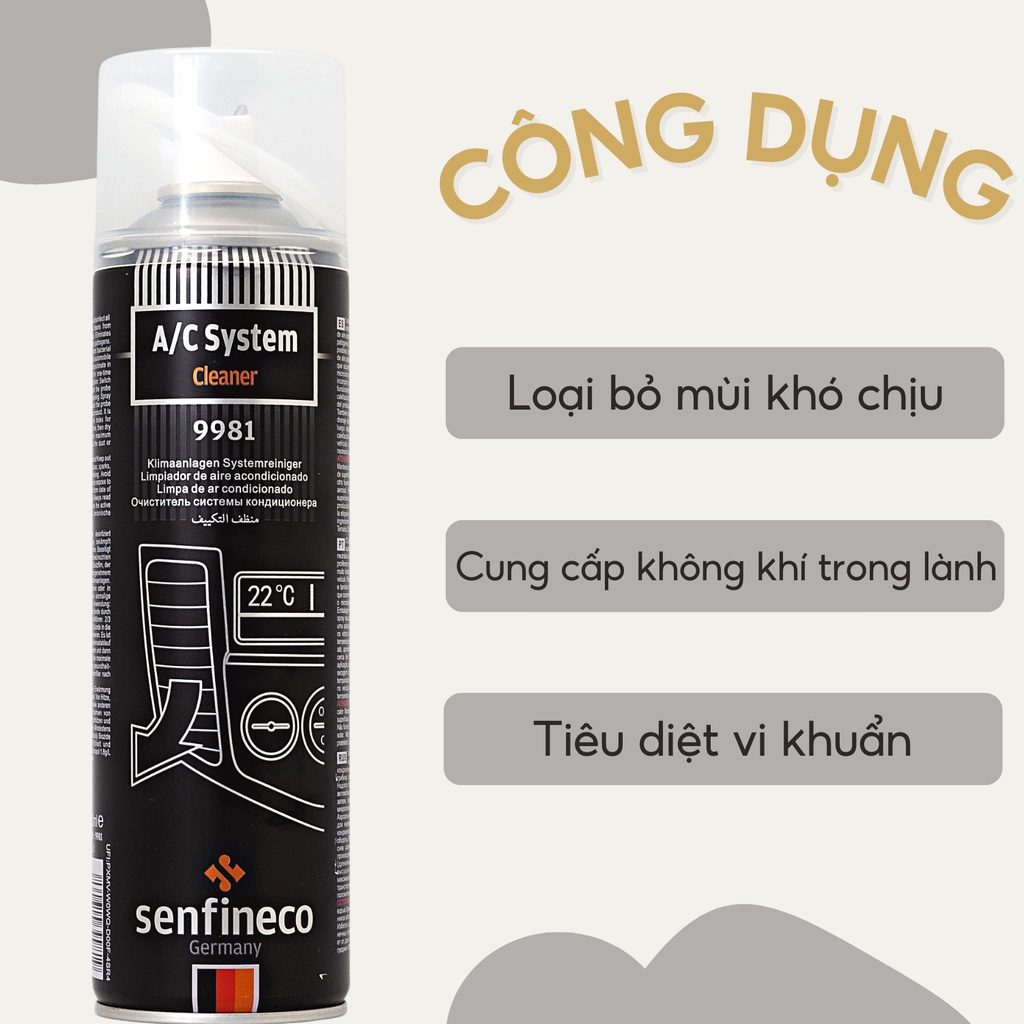 Vòi xịt vệ sinh máy lạnh khử mùi ô tô Senfineco 9981 System Cleaner dung tích 520ml