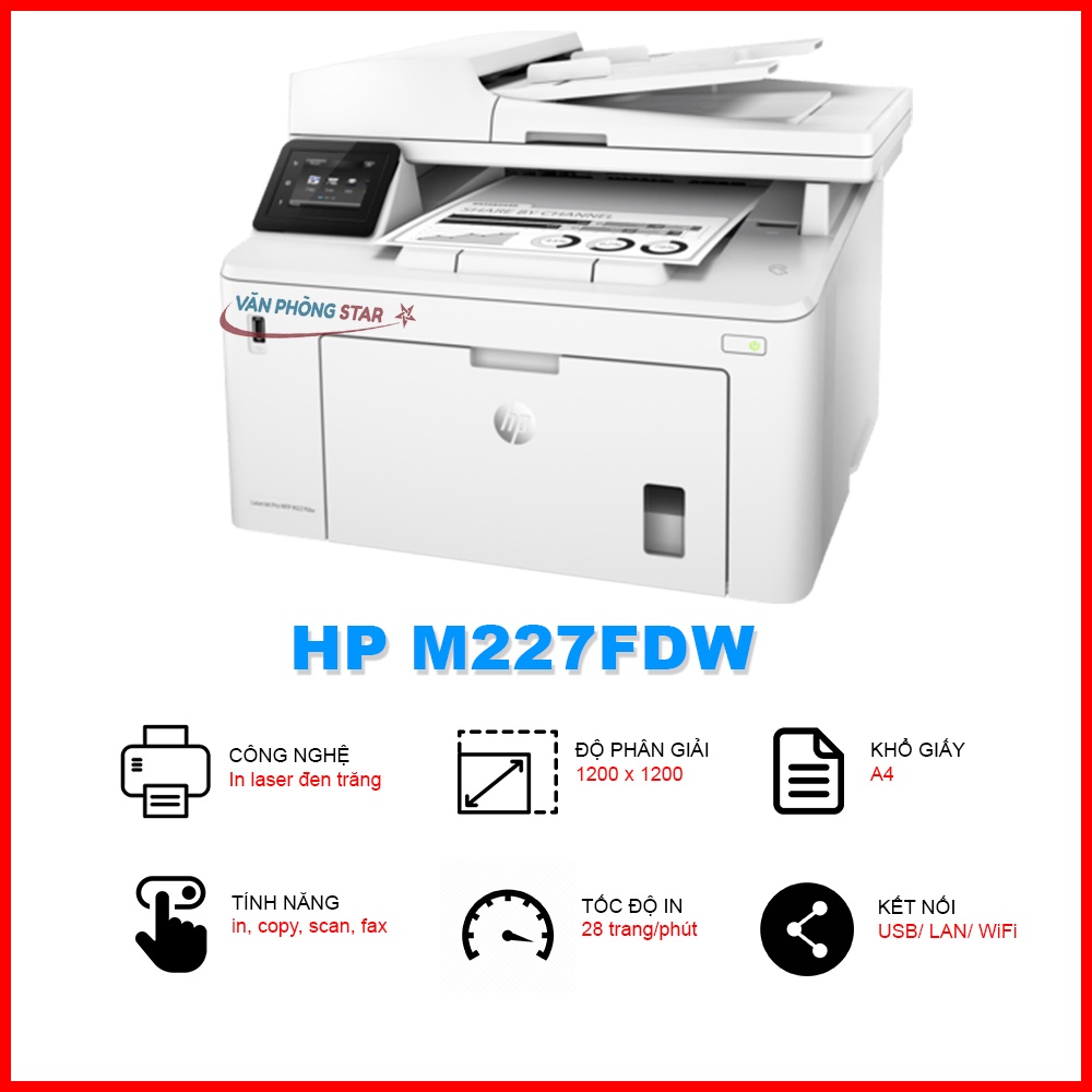 [FREE SHIP] Máy in HP 227FDW đa chức năng in, copy, scan, tốc độ 28 trang/phút, độ phân giải 1200 x 1200 dùng mực 30A