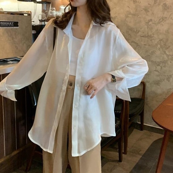 Áo sơ mi voan mỏng nữ, sơ mi cao cấp, áo ngủ sexy dài xuyên thấu, dáng rộng khoác ngoài