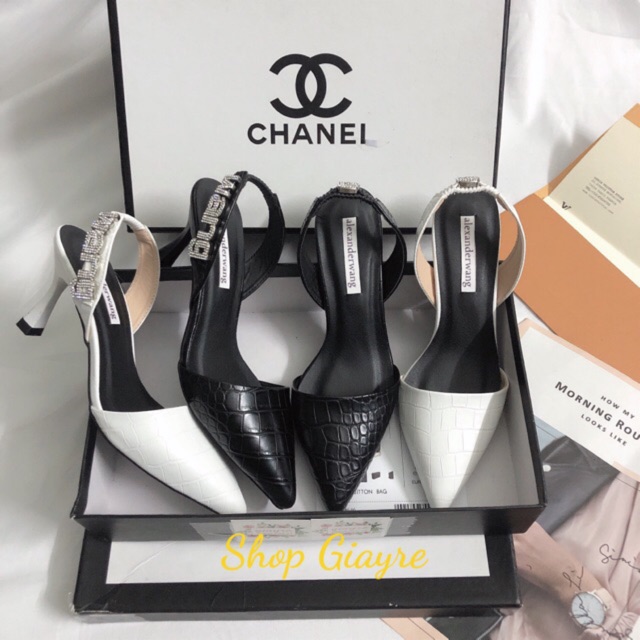 Sandal mũi nhọn da rắn đá WAN gót 6p