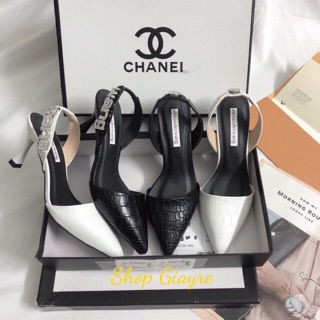 Sandal mũi nhọn da rắn đá WAN gót 6p