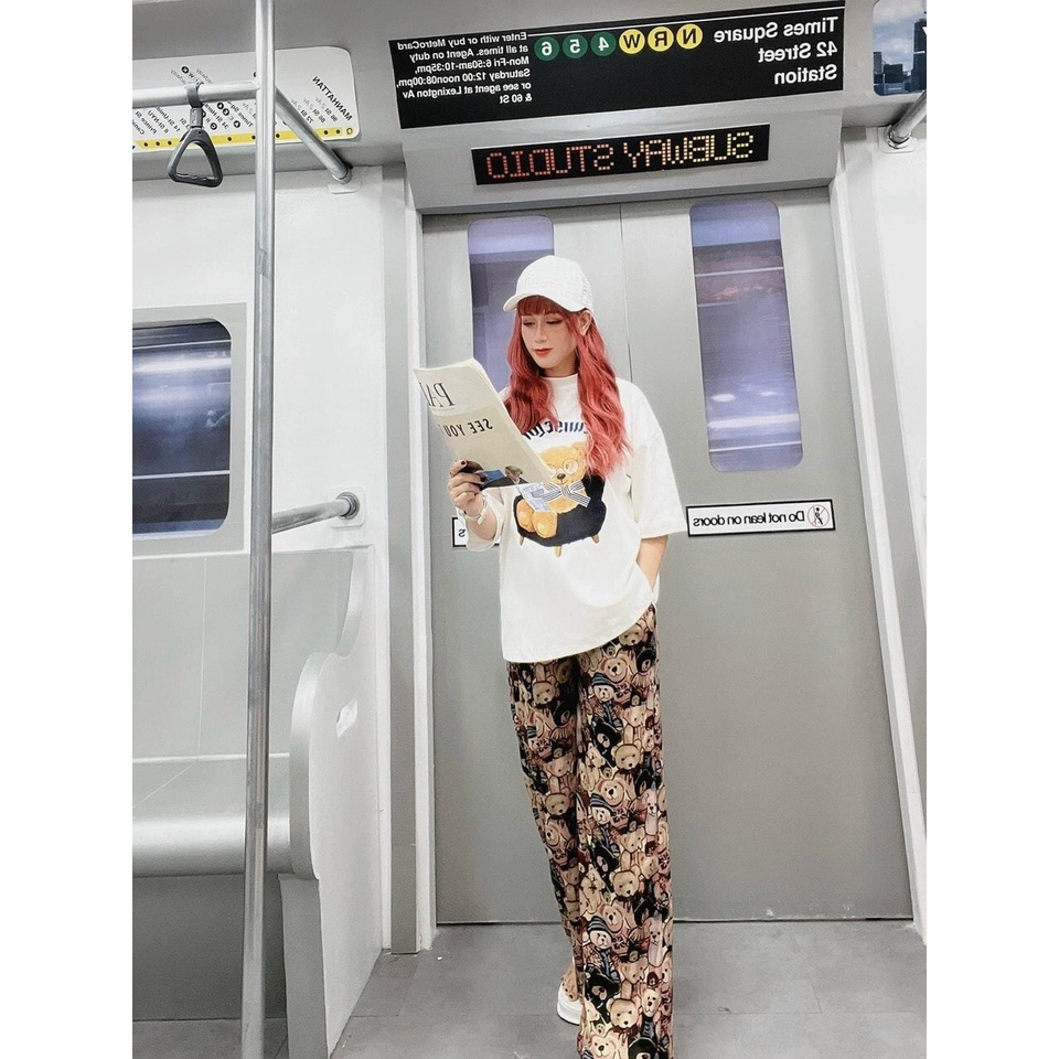 sét bộ cotton quần họa tiết gấu phối áo gấu ép 3D túi zip tem mác đầy đủ