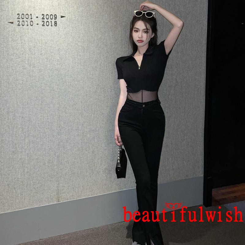 BEAUTIFULWISH-Women Attractive Sheer Bodysuit, Black Solid Color Quarter Zip Turn-down Neckline Romper | BigBuy360 - bigbuy360.vn