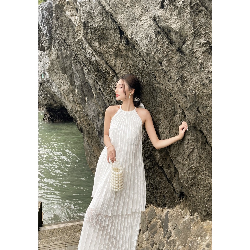 Váy yếm dập ly xoè 2 tầng dáng dài thướt tha TIINSTORE V0D525