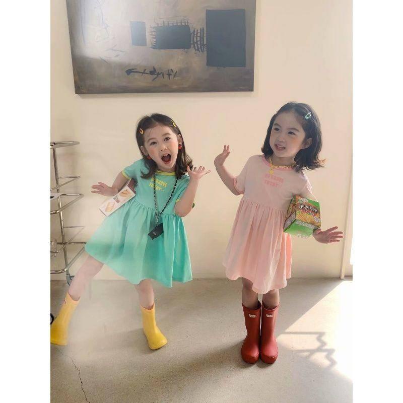 Đầm tay ngắn cotton cổ tròn phong cách Hàn Quốc cho bé gái