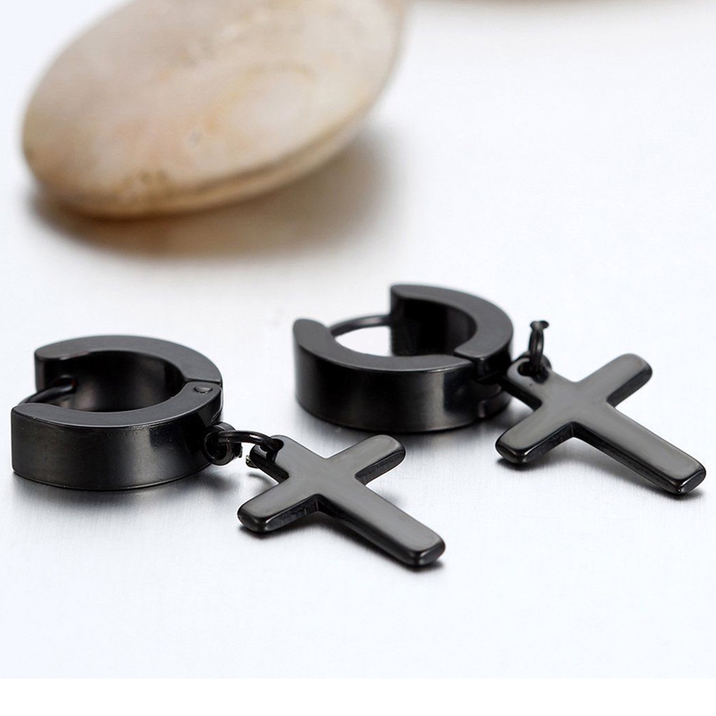 Đôi bông tai thời trang hình tròn phối mặt Thánh giá bằng thép không gỉ cho nam và nữ