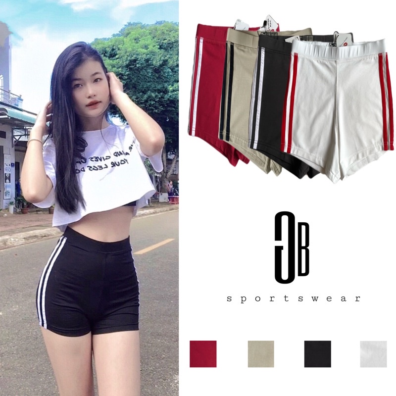 Quần short đùi thể thao cao cấp nữ, 2 sọc GB cạp, lưng cao ôm, nâng mông 100% cotton tập gym, yoga, nhảy dance, đi chơi