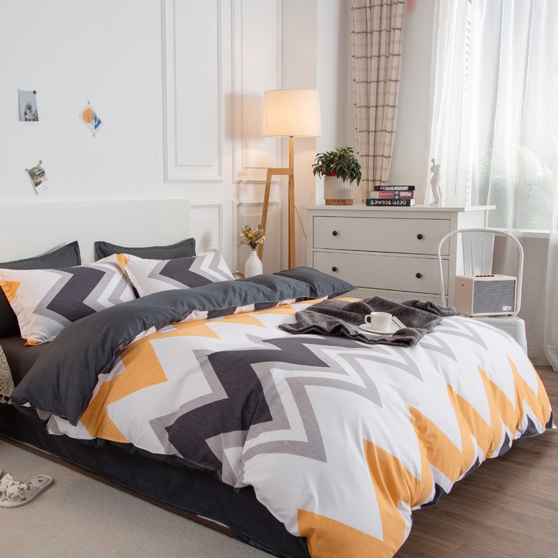 Bộ chăn ga gối Cotton poly M2T Bedding Sóng cam, vỏ chăn mền, drap nệm và 2 vỏ gối