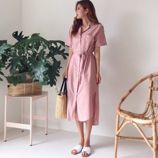 Đầm sơ mi hồng túi mổ