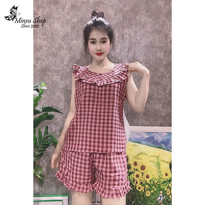 Bộ ngủ nữ kẻ caro áo cộc quần đùi, bộ mặc nhà sát nách chất đũi mềm thoáng mát thấm hút mồ hôi Minxu Shop AF