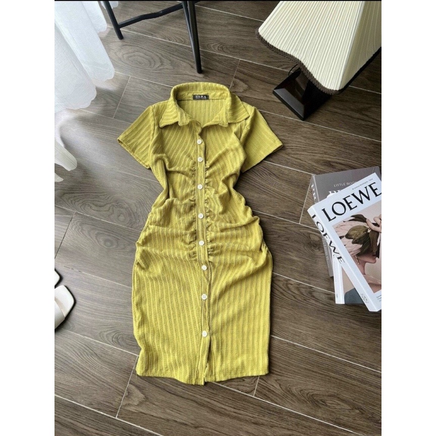 đầm thun gân xương cá body kiểu sơ mi đính nút