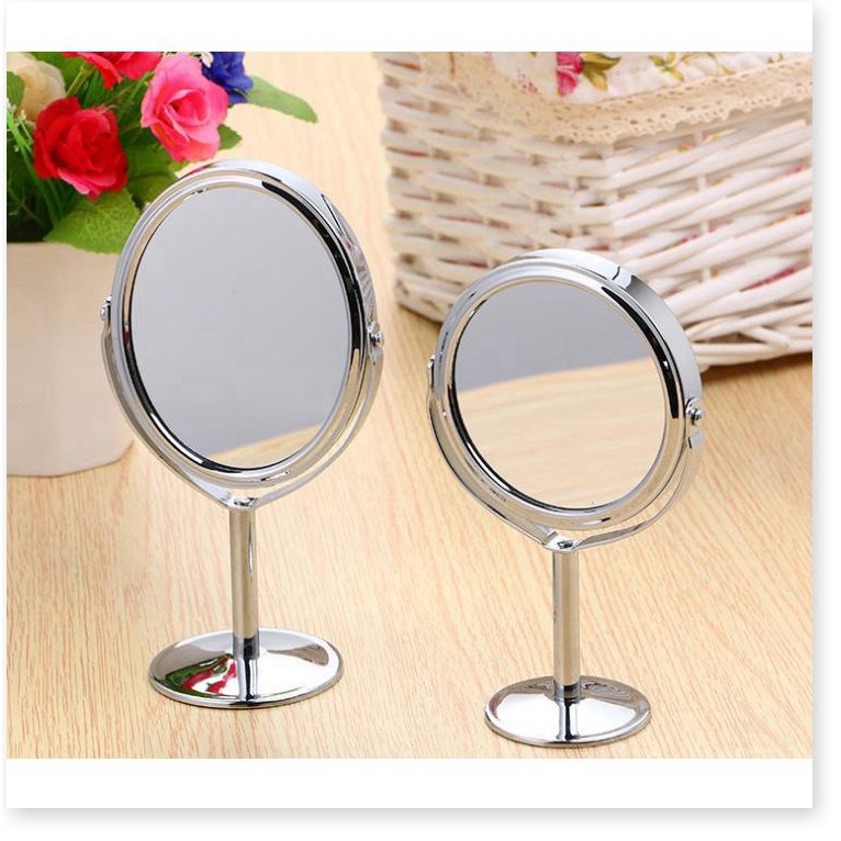 Gương mini 🔖1 ĐỔI 1 🔖 Gương tròn trang điểm 2 mặt gương, kính không gỉ, khung bằng inox 3561