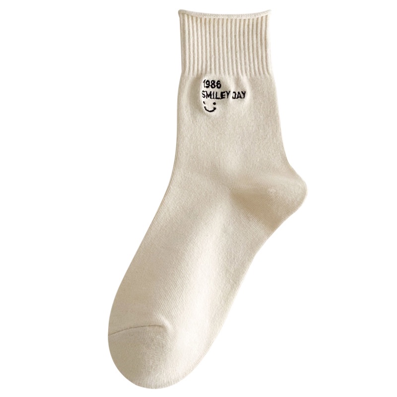 Vớ Cotton Trắng Thêu Chữ Mặt Cười Phong Cách Preppy Nhật Bản Mới