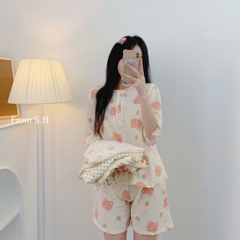 [ ẢNH THẬT ] Set pijama cộc cổ nút/cổ viền bèo xốp đũi Hàn hoạ tiết xinh xắn. Bộ ngủ nữ dáng cộc hoạt hình