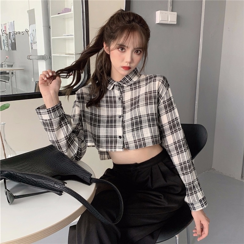 Áo sơ mi ZHELIHANGFEI tay dài cổ polo eo cao quyến rũ thiết kế thời trang