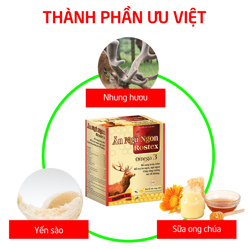 Viên Ăn Ngủ Ngon Rostex Omega 3 thảo dược tăng sức đề kháng - 60 viên [Ăn ngủ ngon Rostex Omega 3 Chai Vàng]