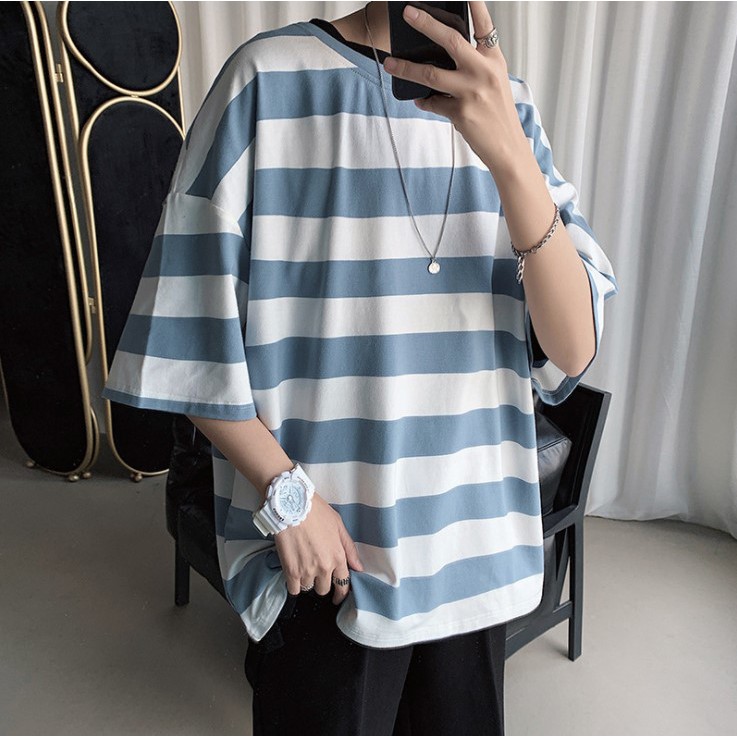 Áo thun tay lỡ unisex kẻ sọc ngang nam nữ phong cách Ulzzang siêu hot