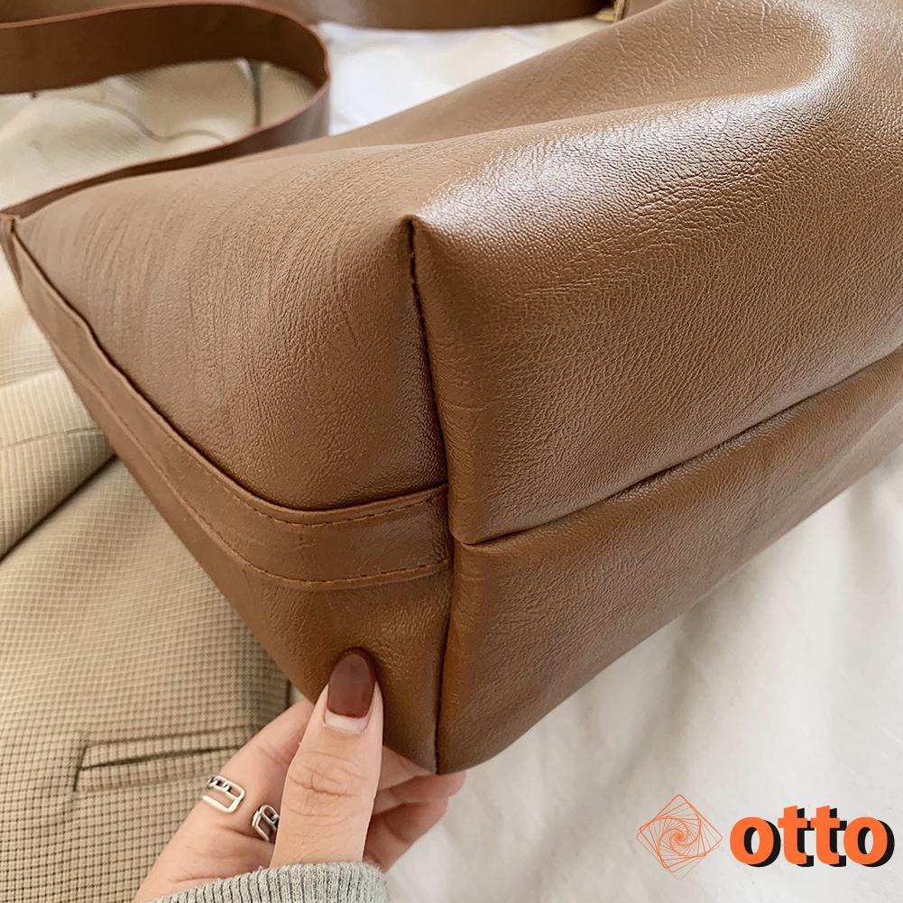 Lady Solid PU Shoulder Handbag Autumn Pleated Big Capacity Top-handle Clutch Daily Underarm Bag