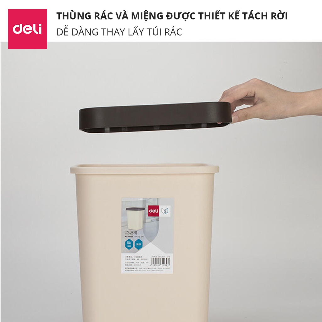 Thùng rác vuông Deli -  Dung tích 10l / 12l - Có nẹp giữ túi thông minh, nhựa pp dễ vệ sinh, không bám bẩn - 18820/18821