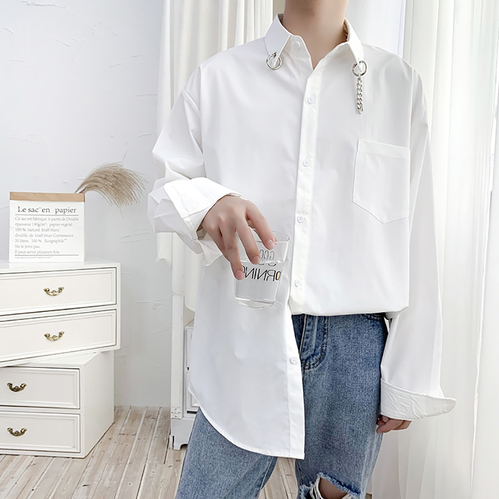 Áo sơ mi nam dài tay form rộng unisex phối cổ khoen phong cách Hàn Quốc siêu đẹp ASM11