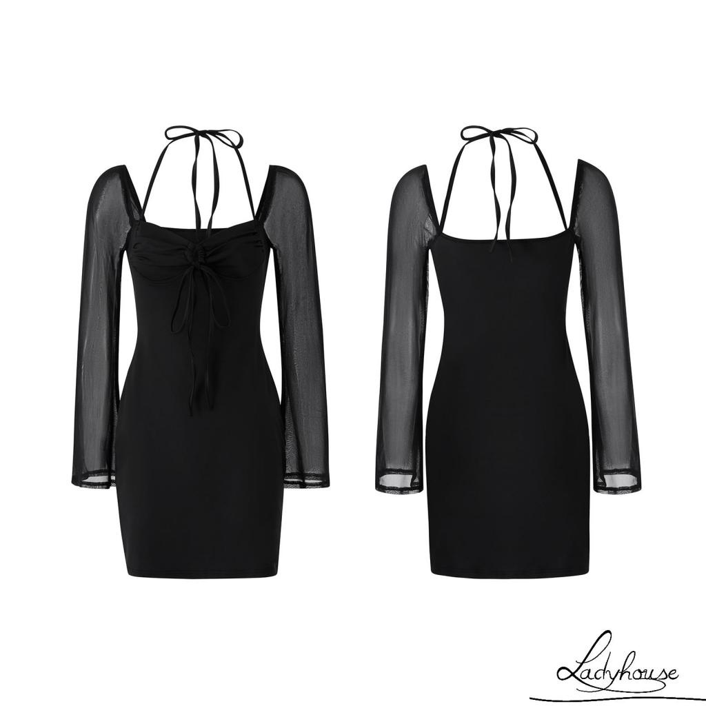 Đầm Tay Dài Phối Lưới Xuyên Thấu Màu Trơn Có Dây Điều Chỉnh Thời Trang Mùa Hè Cho Nữ