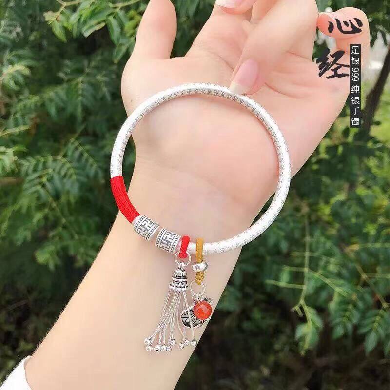 Vòng Tay Bạc 999 Kiểu Dây Tua Rua Mặt Hình Hoa Sen / Trái Tim Phong Cách Dân Tộc Xinh Xắn Cho Nữ