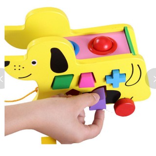 Đồ chơi gỗ xe chó kéo đập bóng thả hình