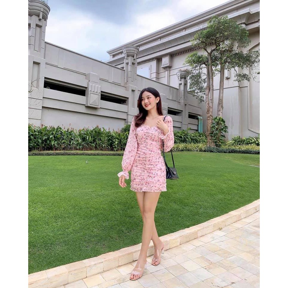 Váy Đầm Body Nhún Sườn Chất Voan 2 Lớp Họa Tiết Hoa Siêu Đẹp Với Tông Hồng Tôn Dáng Cực Xinh. | BigBuy360 - bigbuy360.vn