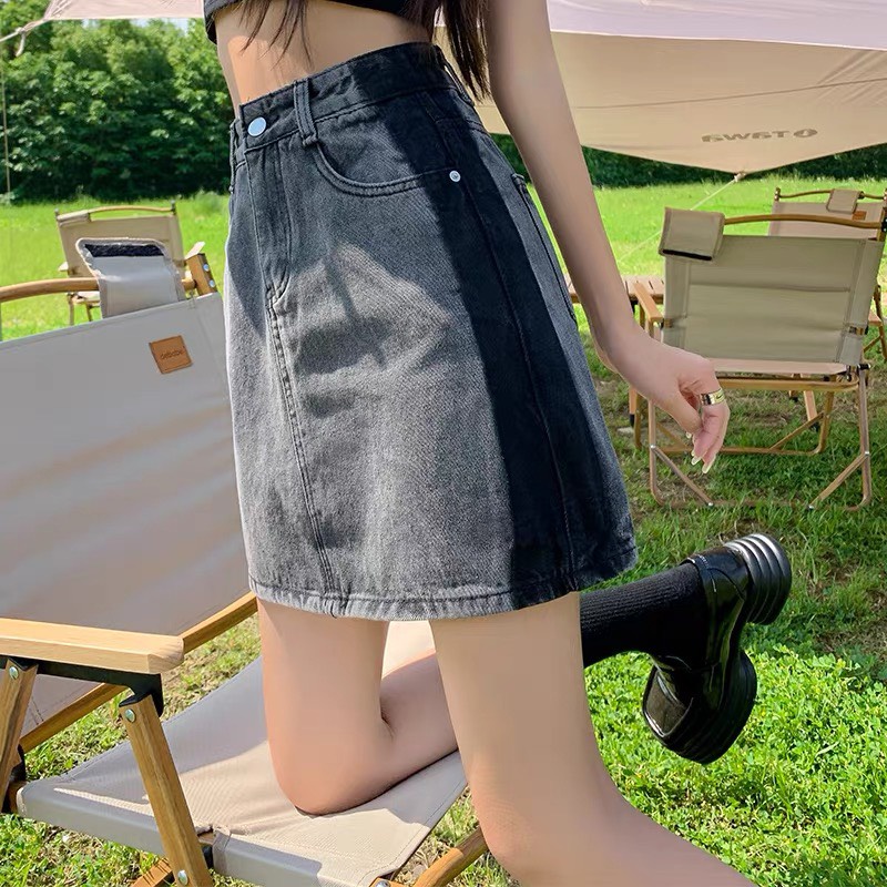 Chân váy jeans ngắn màu xám sọc cạnh dài 50cm siêu đẹp 4371 Moli Jeans