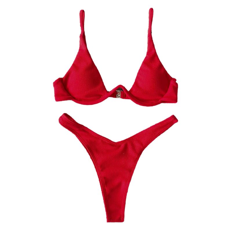 Bộ bikini bơi hai mảnh cổ chữ V nâng ngực cúp tam giác màu trơn neon tươi sáng gân sọc phong cách Brazil quyến rũ cho nữ