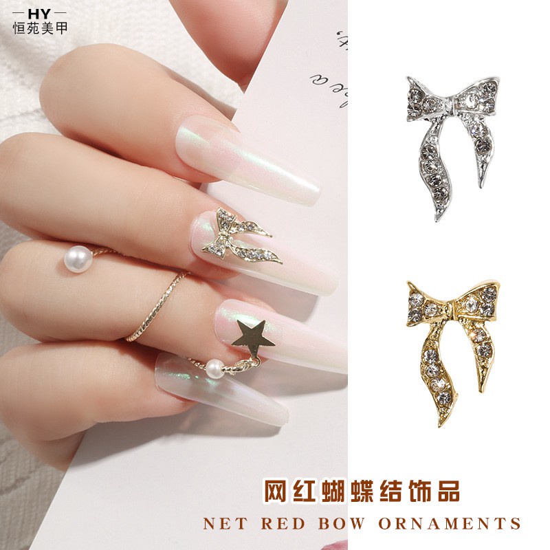 [Hàng Mới Về] Phụ Kiện Hình Nơ Lấp Lánh Bằng Hợp Kim Màu Bạc/ Vàng Đính Móng Xinh Xắn
