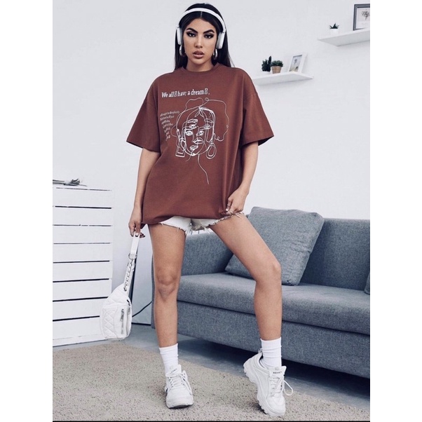 Áo cánh dơi form rộng cotton in mặt cô gái, 2 màu