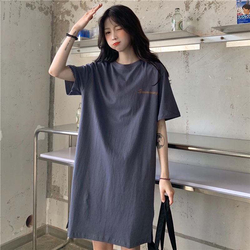 Đầm Thun Cotton Ngắn Tay Dáng Dài Qua Gối Phong Cách Cổ Điển Hàn Quốc Năm 2021 Cho Nữ