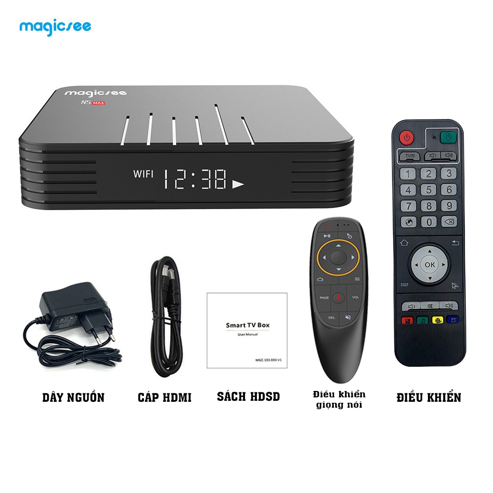 Android Tivi Box Magicsee N5 Max phiên bản 2021 - Ram 4GB, Rom 32Gb, Android 9.0 ( Có Bản ATV) - Điều khiển giọng nói