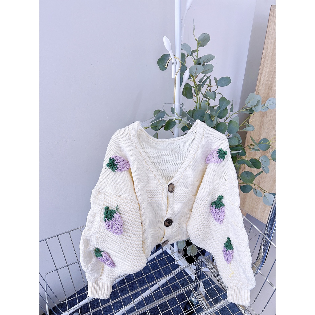 Áo Len trắng thêu dâu đỏ , Áo len Croptop form rộng