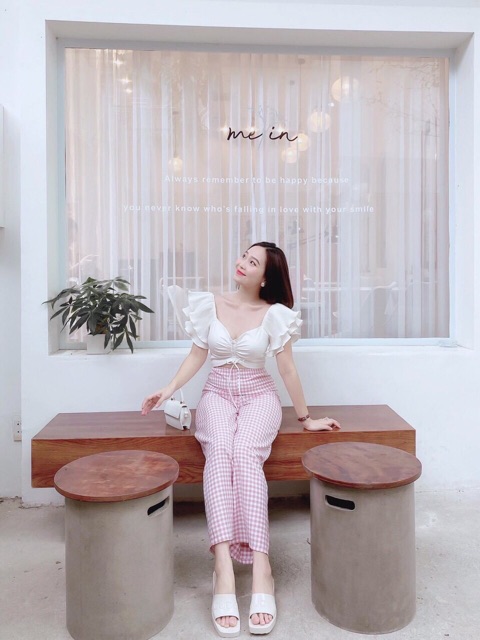 Sét đồ bộ quần sọc kare phối áo ngắn rút dây tay bèo