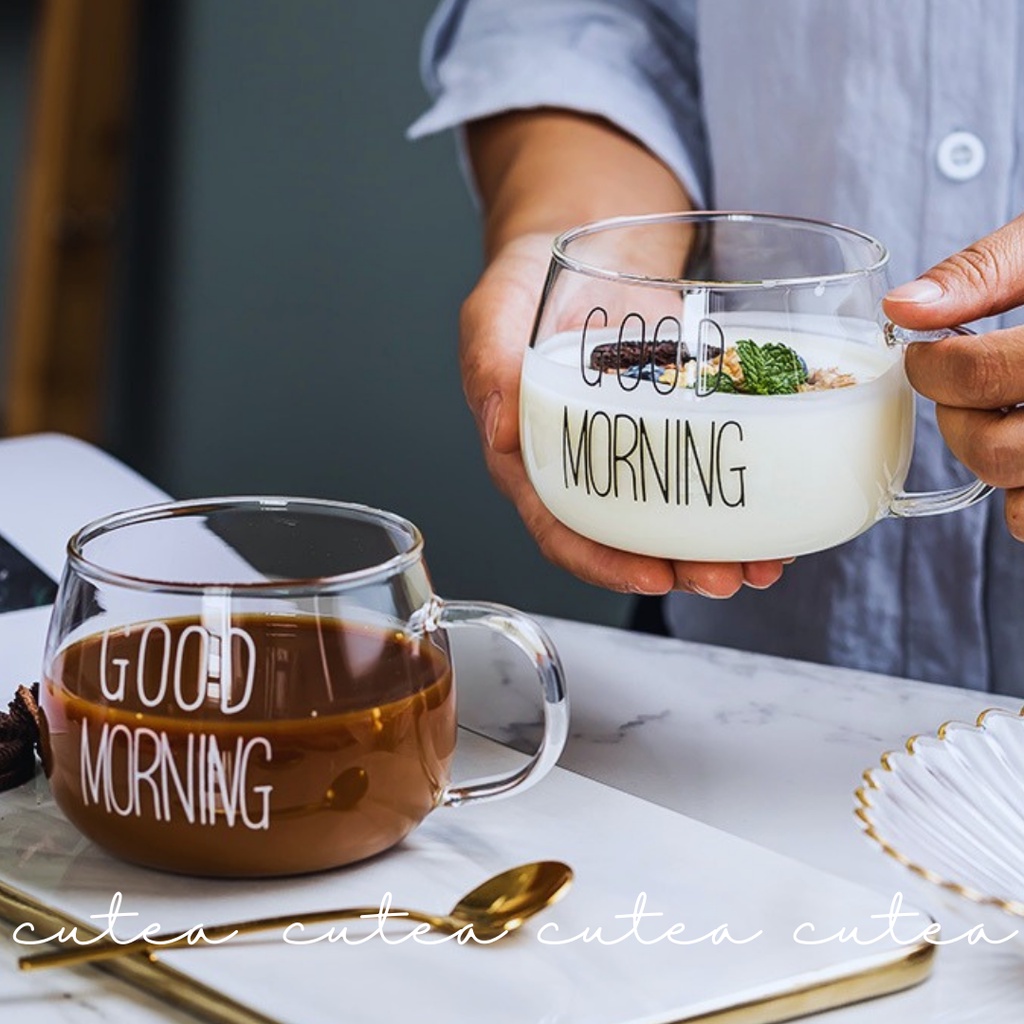 Ly thủy tinh dễ thương uống nước trong suốt good morning 350ml cốc thủy tinh decor chịu nhiệt CUTEA