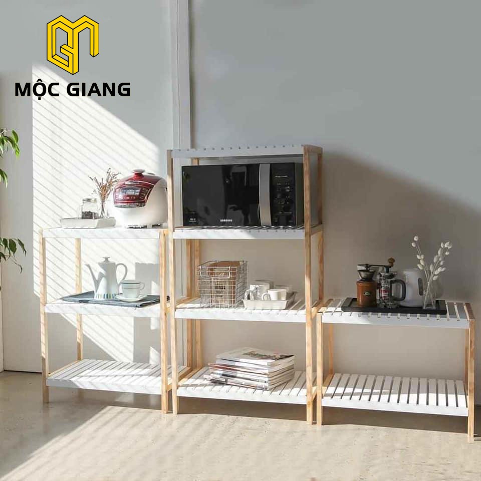 Kệ Lò Vi Sóng Bằng Gỗ 2 Tầng - Kệ Gỗ Đa Năng Phối Màu Trắng + Màu Tự Nhiên | BigBuy360 - bigbuy360.vn
