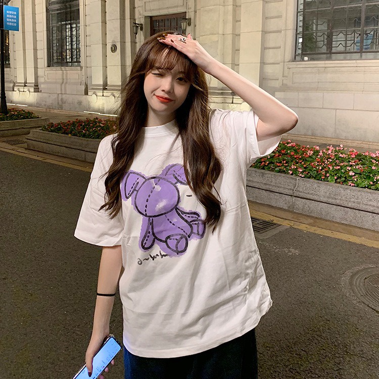 NRVP Áo thun tay ngắn cổ tròn mềm mại in họa tiết phong cách Hàn Quốc thời trang cho nữ