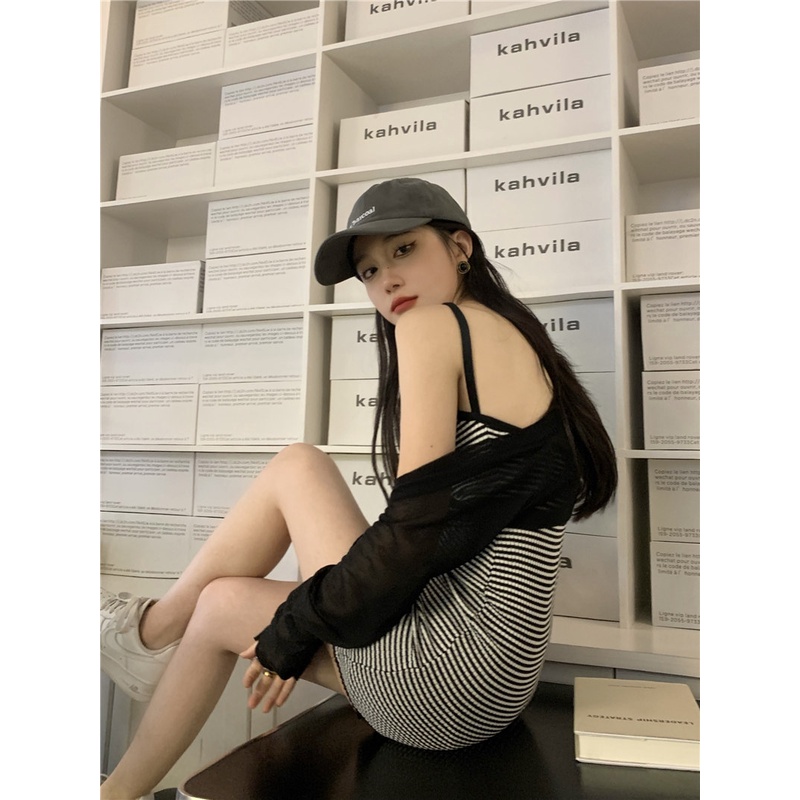 Đầm Hai Dây Hở Lưng Họa Tiết Kẻ Sọc Màu Sắc Tương Phản Phong Cách Hàn Quốc Thời Trang Dành Cho Nữ