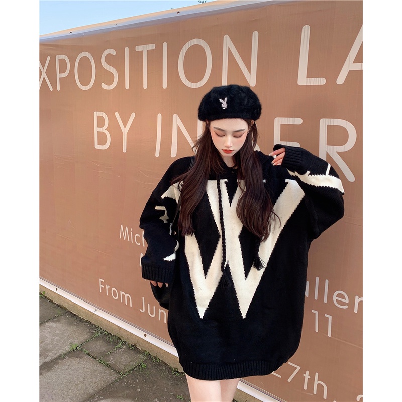 Áo hoodie dệt kim tay dài dáng rộng phong cách Hàn Quốc cho nữ