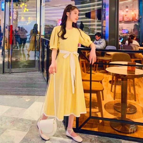 X2 váy công sở tay ngắn cổ tròn Đầm vàng phối lai trắng dây thắt nơ eo dự tiệc (kèm hình thật)