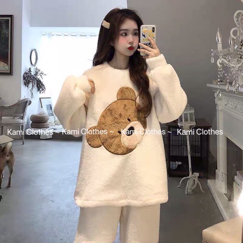 Set bộ ngủ lông cừu cực ấm, bộ ngủ nữ thu đông hình gấu kute - KAMI Clothes