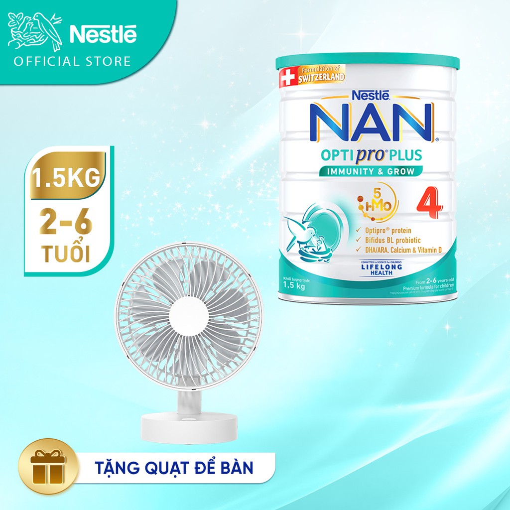 Tặng Quạt để bàn Sữa bột Nestlé NAN OPTIPRO PLUS 4 1500g lon với 5HMO Giúp