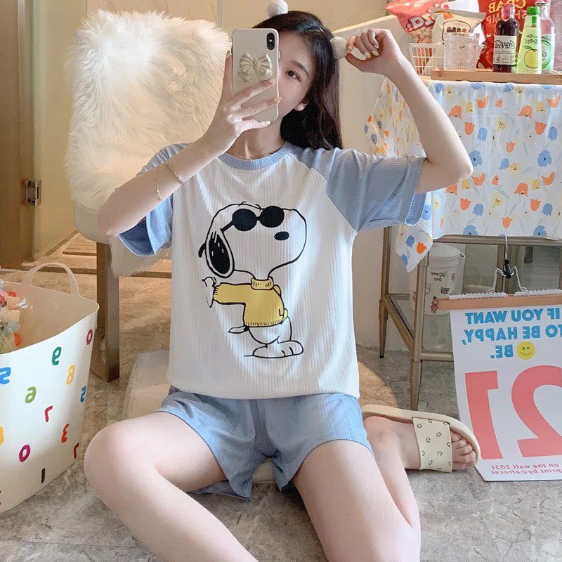 [Sẵn] Đồ bộ bông lanh Quảng Châu, pijama quần ngắn, đồ mặc ở nhà họa tiết hoạt hình dễ thương | BigBuy360 - bigbuy360.vn